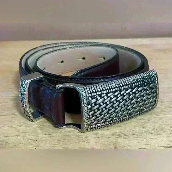 Women’s leather, brown belt with silver accent buckle; size 38 - Picture 1 of 4